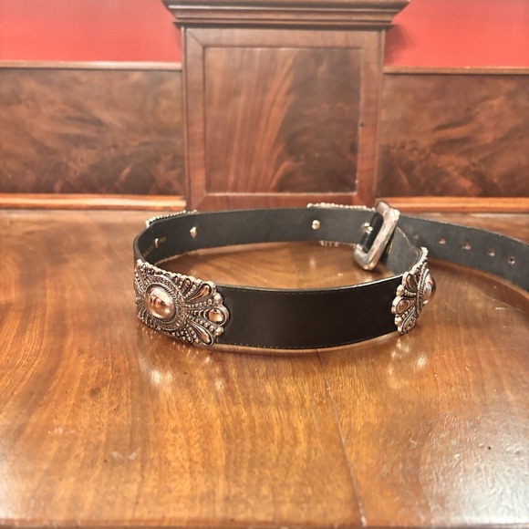 Donna Katz Leather Belt Concho Silver Tone Western Boho Black Size L 39" Vintage - Picture 3 of 7